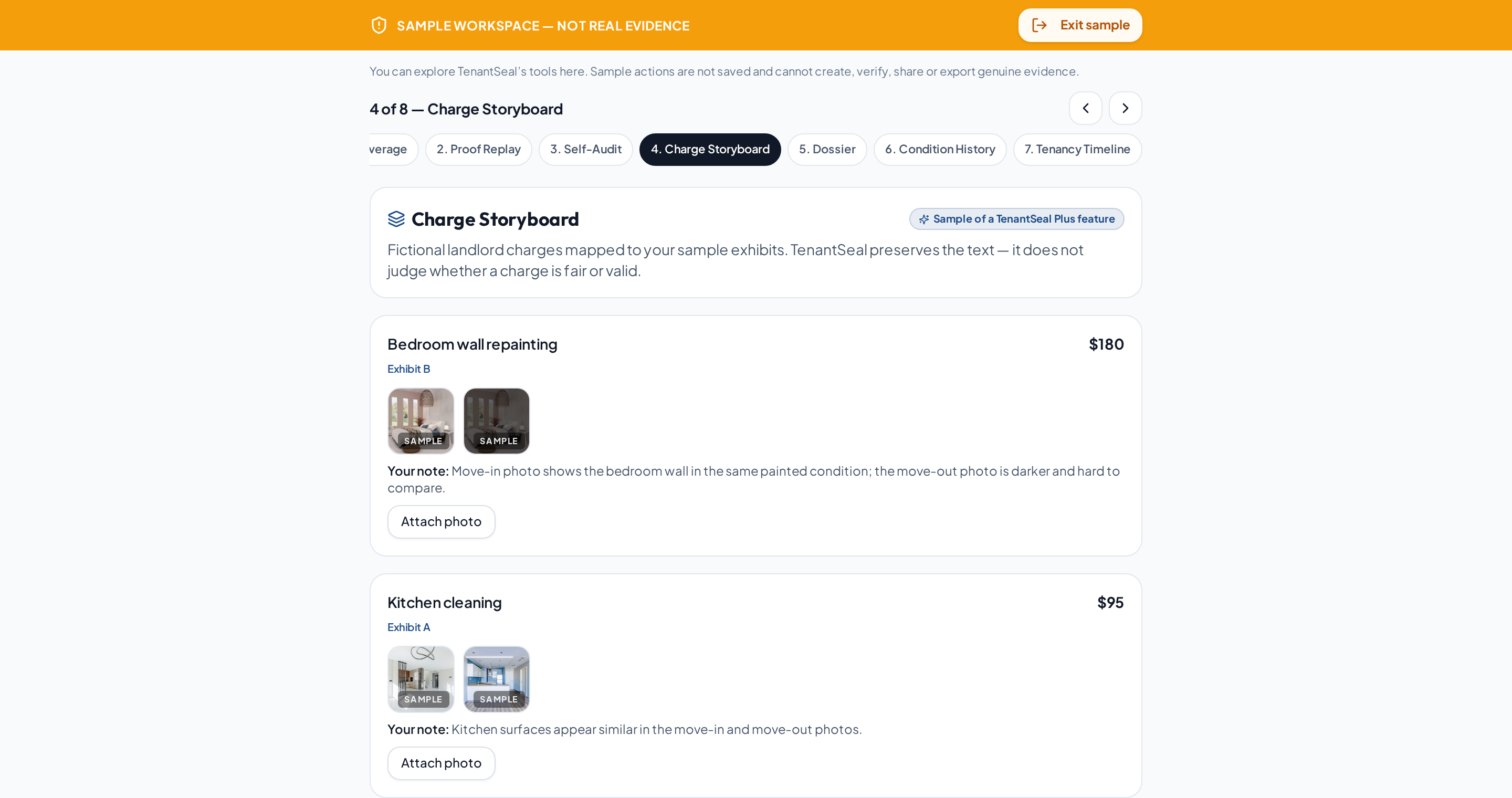 Charge Storyboard mapping sample charges to exhibits in a sample workspace
